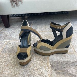 Pierre Hardy Canvas Color-blocked Open Toe Wedges Size 37